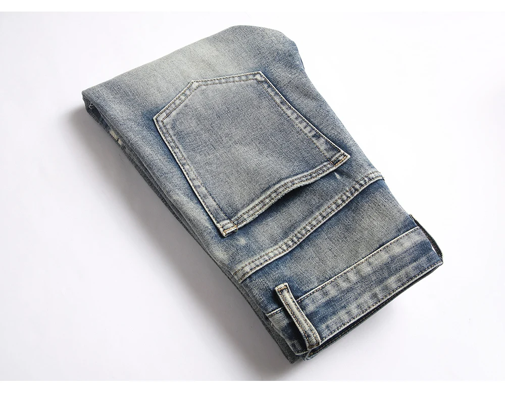 Herren Boot-Cut-Jeans Streetwear mit Patches, freigelegtem Saum, Vintage-Blau, Stickerei, Patchwork, ausgestellte Hose – Detail 13