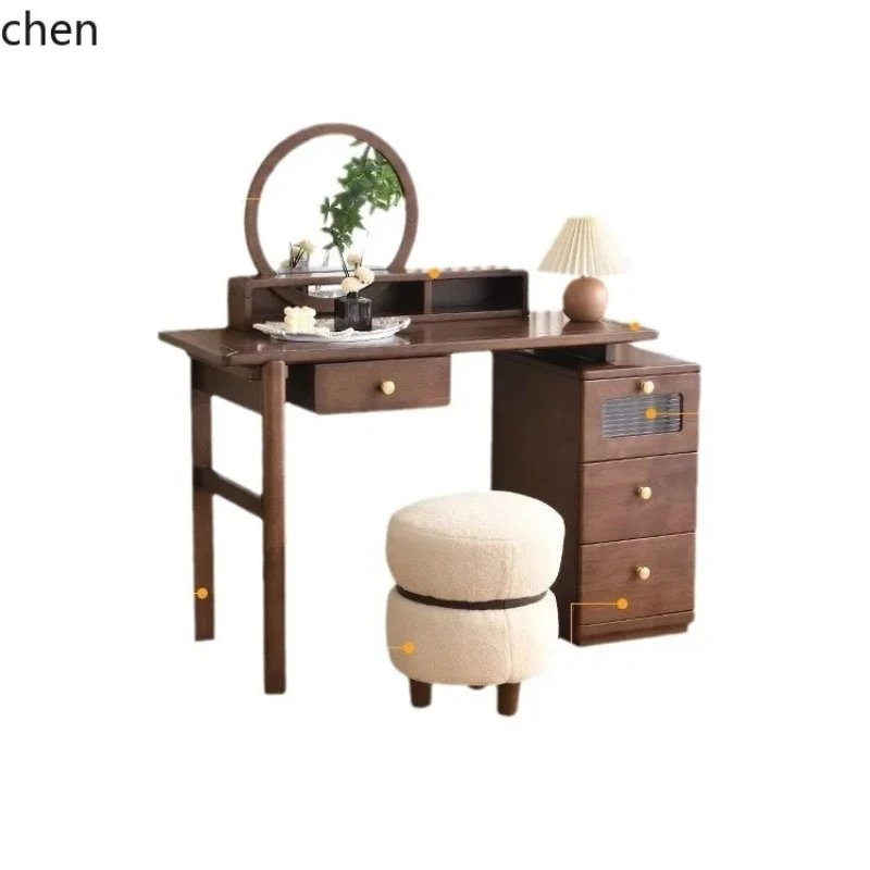 

YY- Solid Wood Dressing Table Modern Minimalist Bedroom Makeup Table with Mirror Makeup Desk Storage Cabinet Integrated