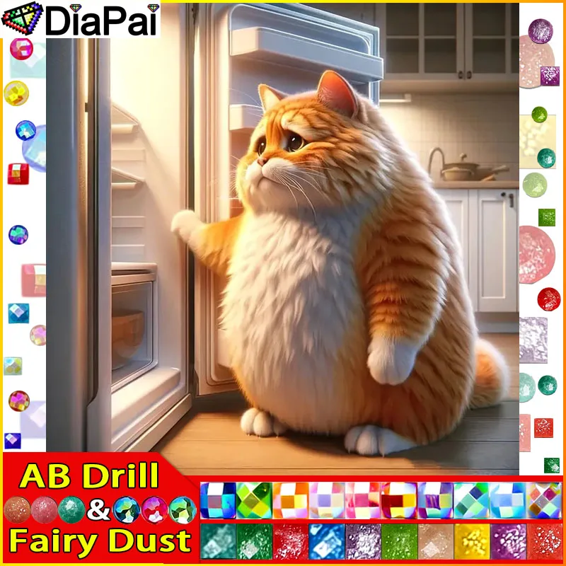 

DiaPai Fairy Dust AB Full Drill Diamond Painting " Cat Refrigerator" DIY Picture Of Rhinestone 5D Diamond Embroidery Decor