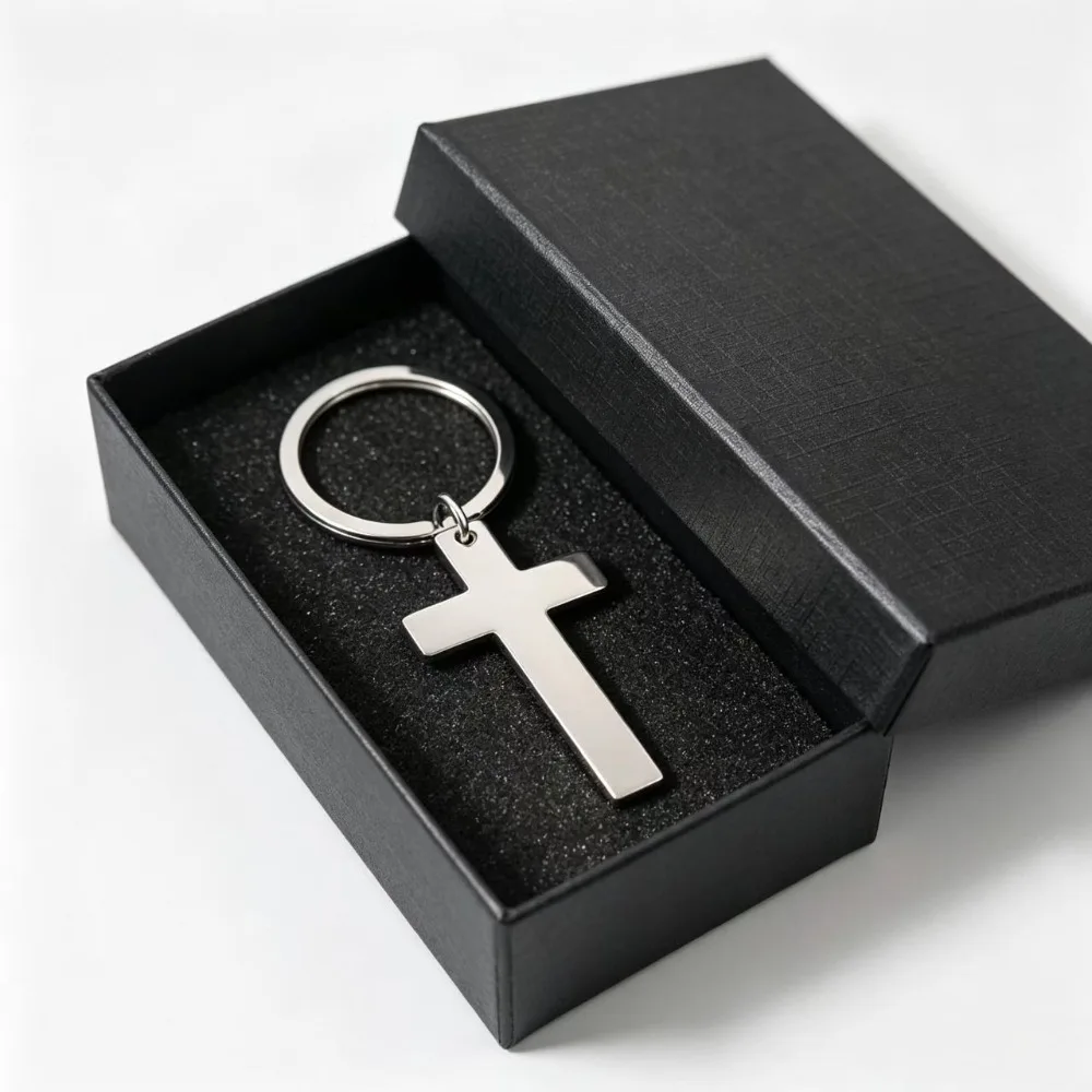 50PCS Stainless Steel Cross Hanging Tag Metal Keychain with Laser Engraving Copywriting Label Style Holiday Gift Wholesale