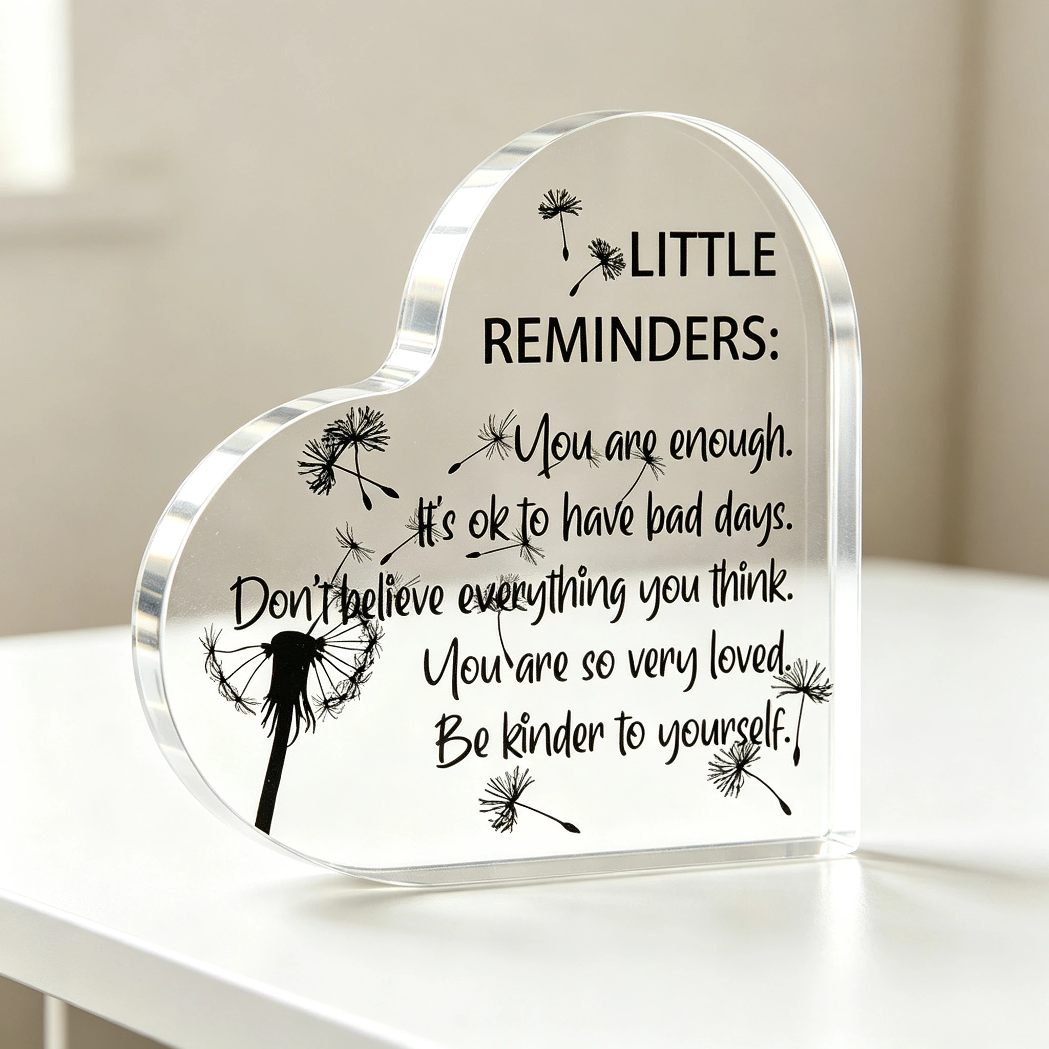 Little Reminders Heart‑Shaped Acrylic Tabletop Plaque, Dandelion Self‑Care Positive Affirmation Desk Decor