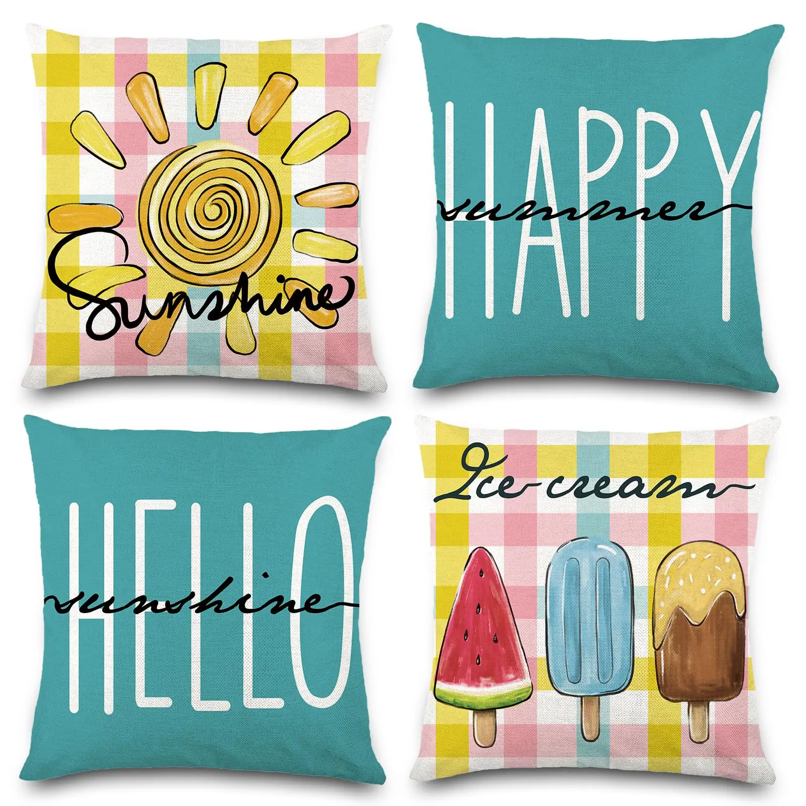 Summer Pillow Covers Happy Summer Throw Pillow Covers Hello Sunshine Ice Cream Pillow Covers for Farmhouse Home Decor Set of 4