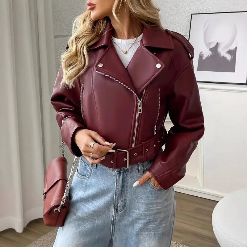 

2026 New Short PU Leather Jacket Women's Locomotive Jacket Retro Lapel Slim Fit Lady Vintage Zipper Coat Moto Biker Outwear