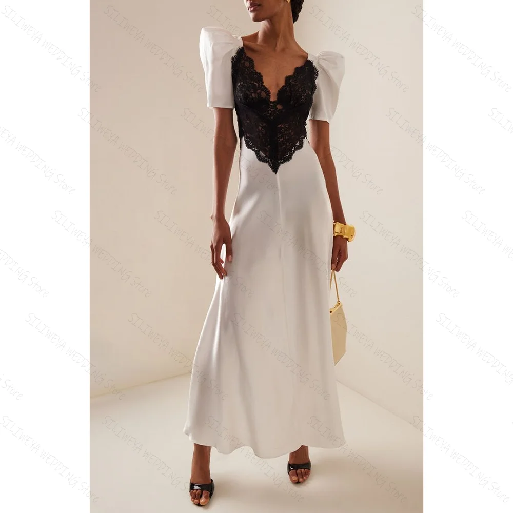 

Chic Short Sleeves V Neck A-Line Prom Dress Fashion Party Ankle Length Lady High-end Formal Evening Gowns