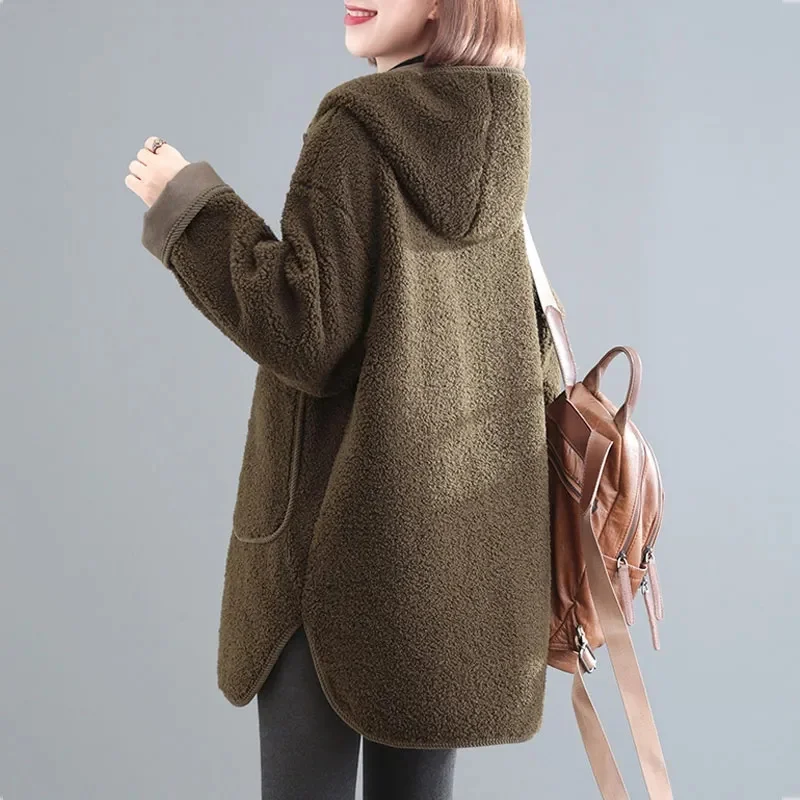 2024 Winter New Korean Loose Lamb Wool Coat Women\'s Thicken Cotton Jacket Ladies Hooded Coat Female Warm Long Parkas Overcoat