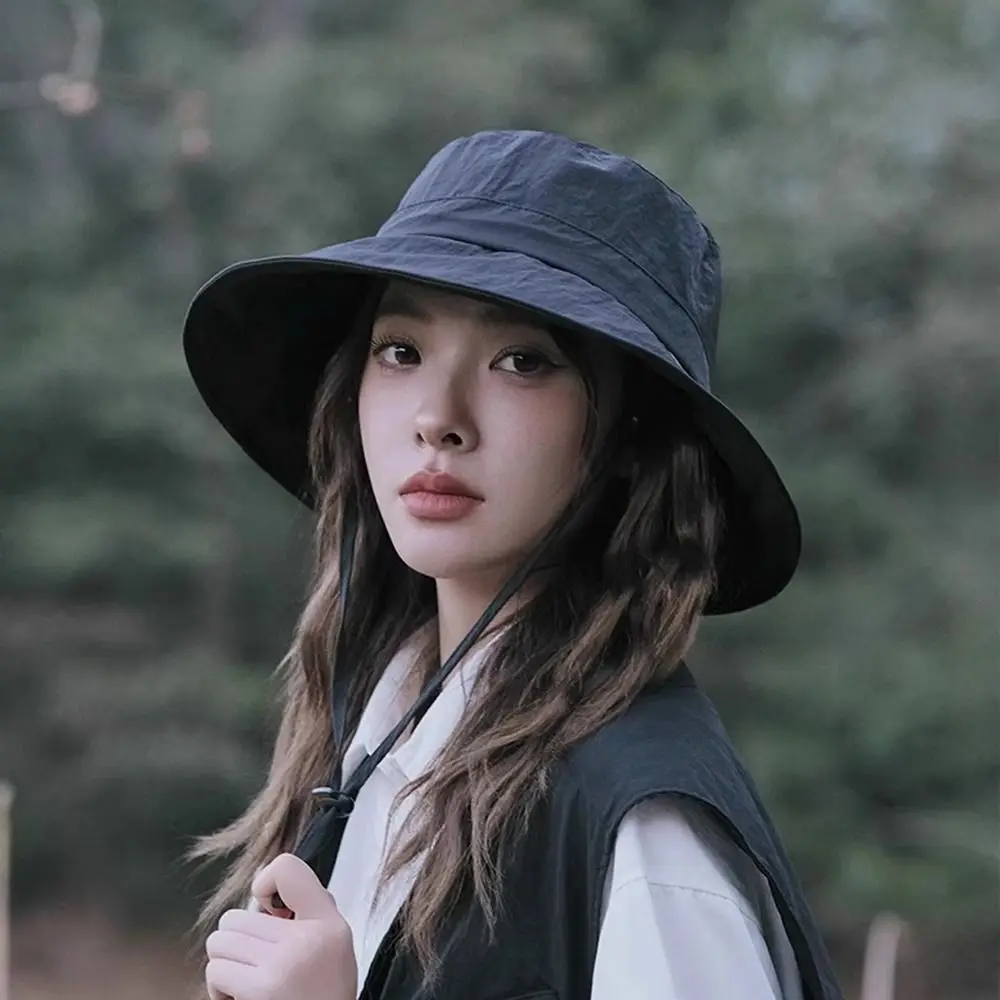 Chapéu de pescador com cordão, proteção uv, cor sólida, japonês, secagem rápida, à prova d'água, aba larga, chapéu de sol, pesca
