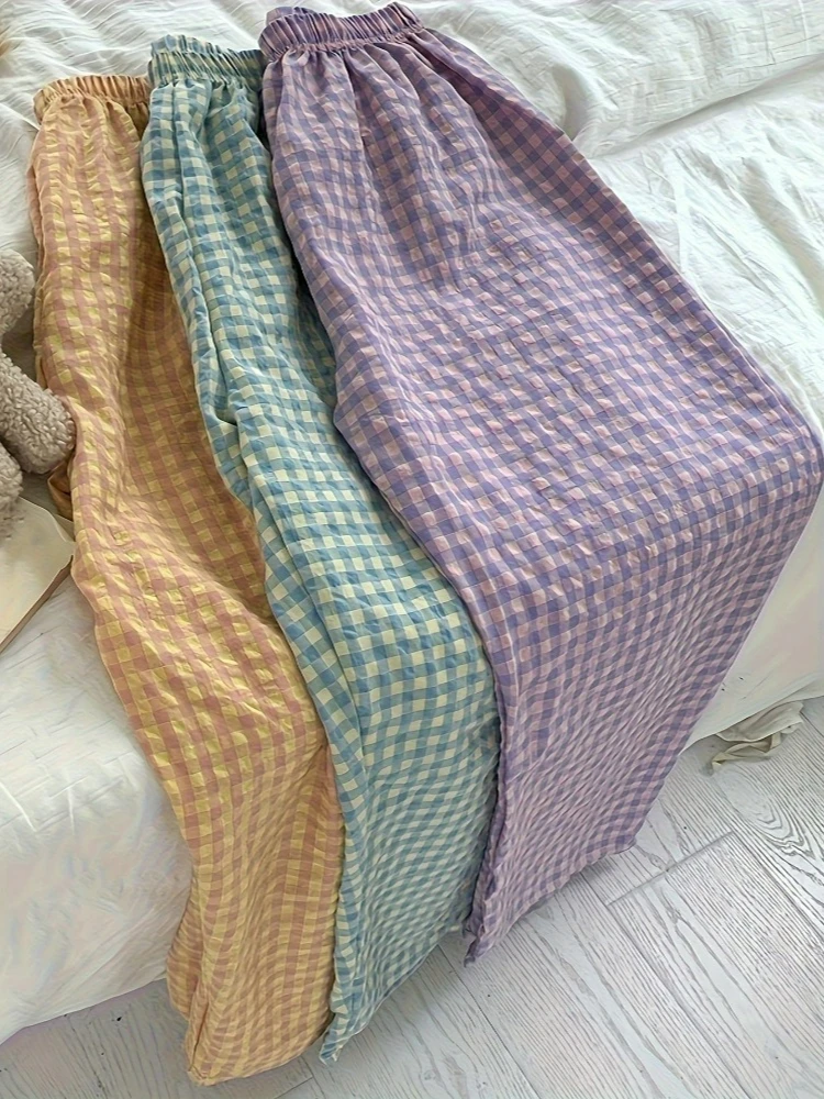 Minimalist Plaid Pants for Women Casual Loose Home Wear Summer