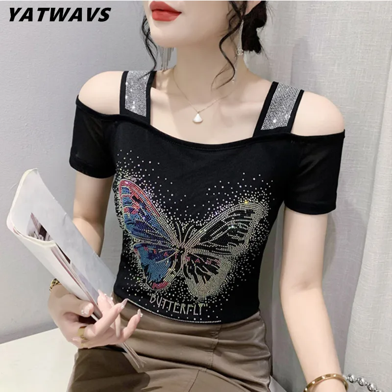 Streetwear Summer Girl Tees New Fashion Sexy Off Shoulder Short Sleeved T-Shirt Chic Butterfly Shiny Diamonds Women\'s Mesh Tops