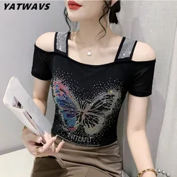 Streetwear Summer Girl Tees New Fashion Sexy Off Shoulder Short Sleeved T-Shirt Chic Butterfly Shiny Diamonds Women's Mesh Tops