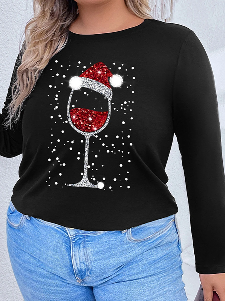 Women s Christmas Plus Size Tops Sparkly Sequin Reindeer Pattern Long Sleeve Crew Neck Loose Fit T-Shirt with Festive Print