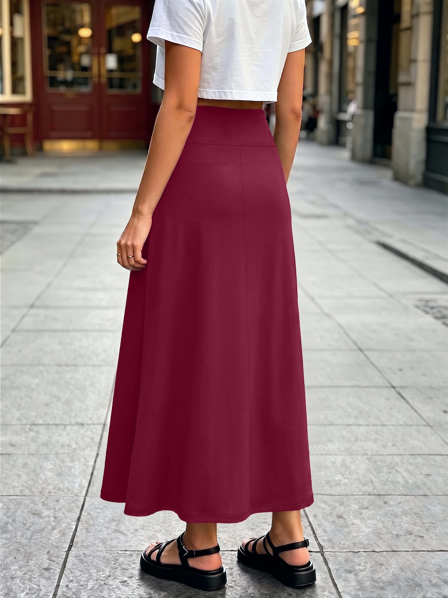 Women Stretchy Soft Long Maxi Skirt High Waist Wide Waistband Solid A‑Line Swing Skirt Simple Daily Commuter Skirts
