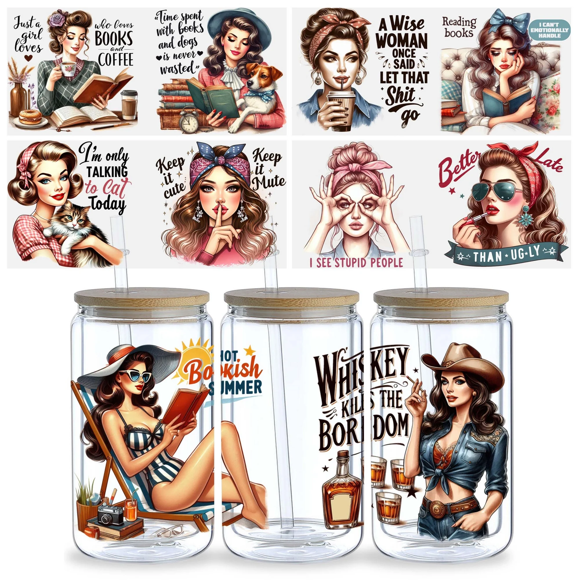 5 Sheets Vintage Feminine UV DTF Tumbler Wrap Transfer Stickers, Holiday, Wipe-On Transfer Stickers for 16oz Glass, Mugs