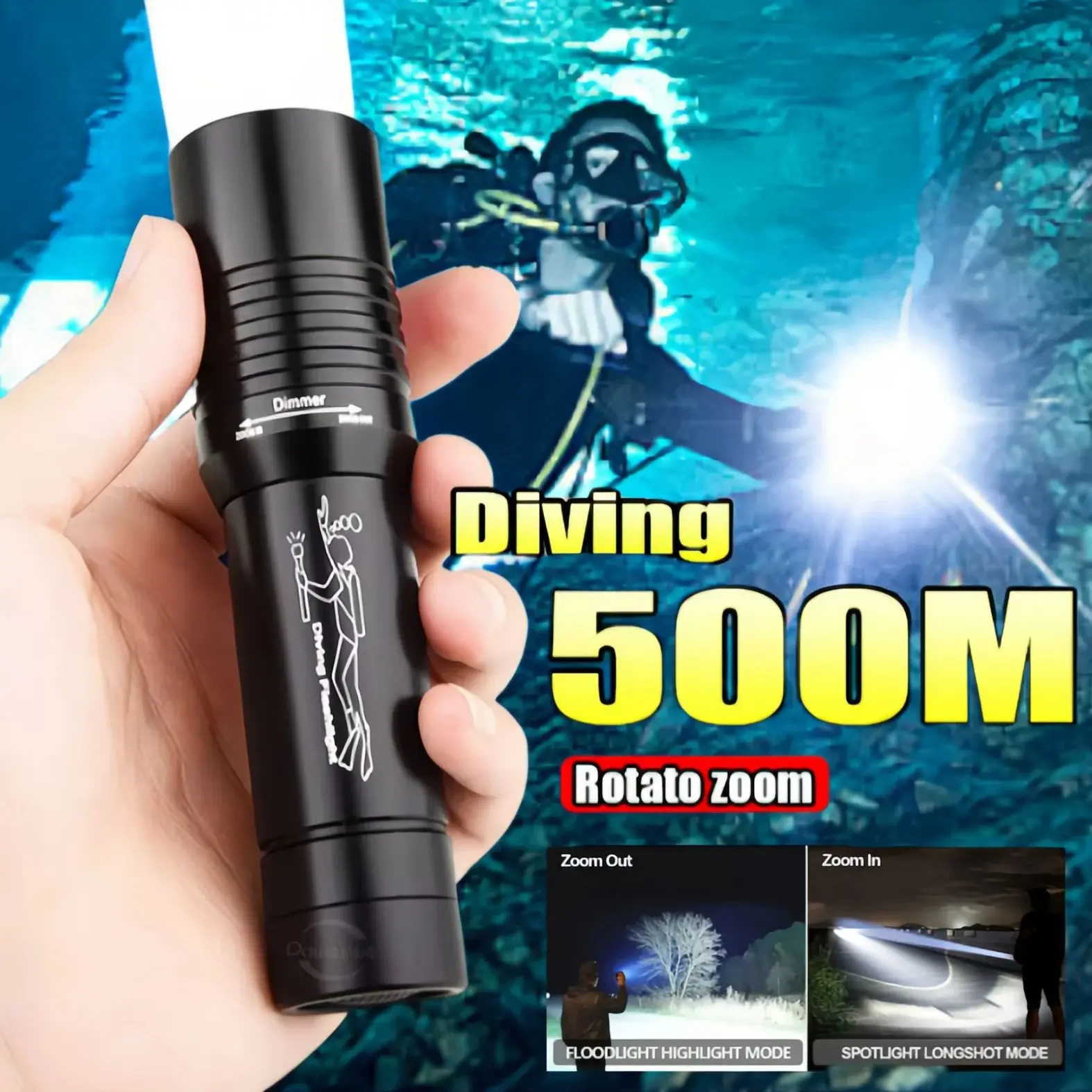 Professional Diving LED Flashlight IPX8 High Power Zoom Underwater Light with Hand Rope Rechargeable Camping Fishing Light