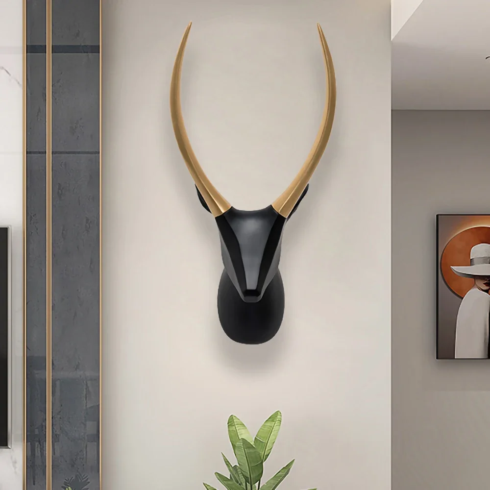 

19*8 Inch,Black Deer Resin Statue Room Wall Decoration,Golden Deer Head Figurine Wall Decor,New Year Christmas Home Decoration