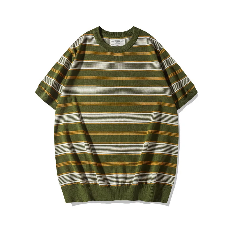 2025 Summer New Men's Youth Trendy Round Neck Loose Fashion Versatile Hooded Knitted Striped Short Sleeve T-shirt OK5302