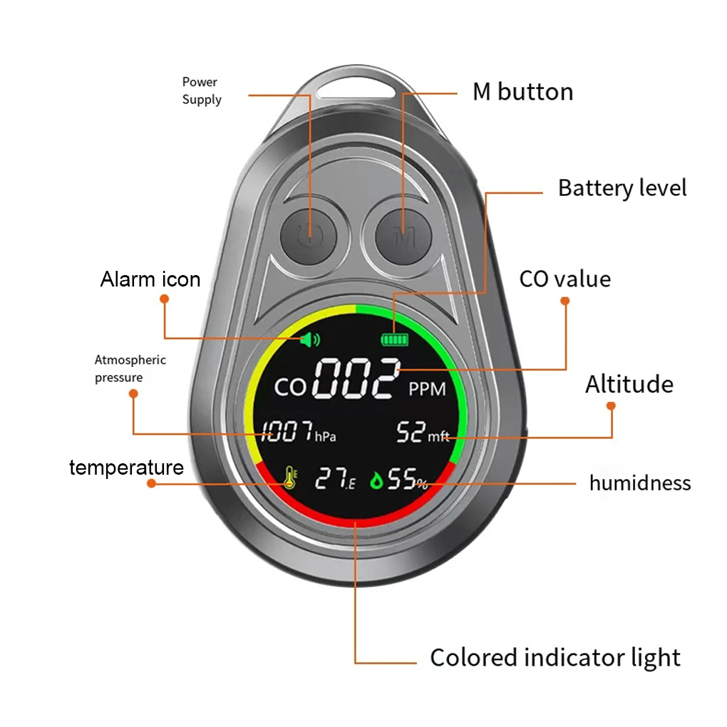 Detector de monóxido de carbono Detector de aire portátil Medición precisa de humedad en cualquier lugar Temperatura
