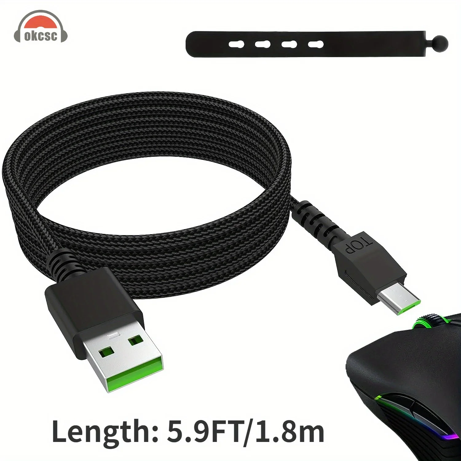 OKCSC Razer 호환 마이크로 USB 브레이디드 마우스 충전 케이블 나일론 플랫 코드 암 커넥터 게이밍 마우스 충전기 케이블 (수컷)