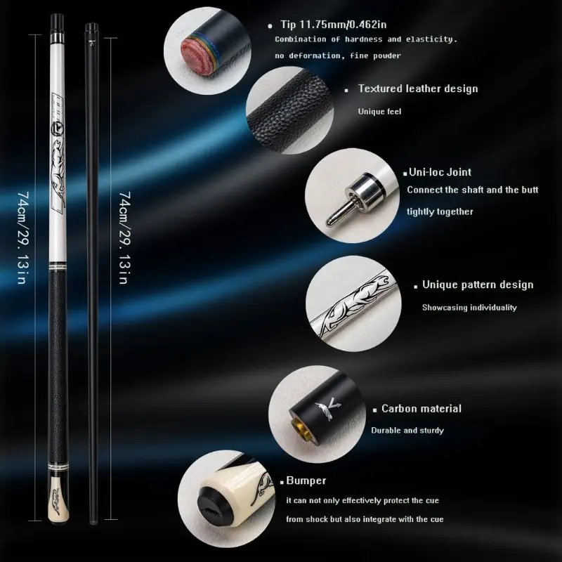 Professional Carbon Cue Stick 11.75mm with Fast Joint, Multi-Layer Leather Tip Straight Carbon Fiber Pool Cue