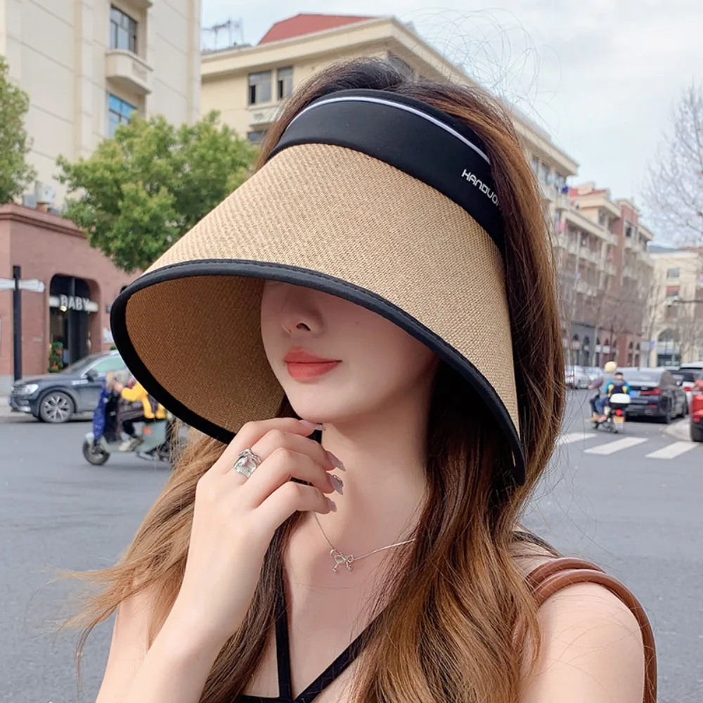 

Simple Foldable Woven Empty Top Cap UV Protection Straw Plaited Wide Brim Bucket Hat Sunscreen Sunshade Hollow Straw Hat Girls