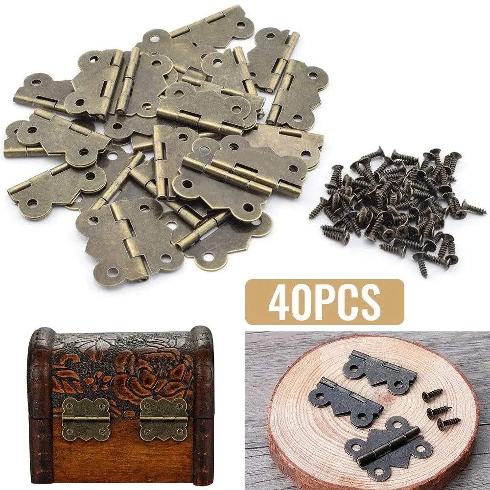 40PCS Hinges With Screws Antique Small Butterfly Hinge Bronze Carving DIY Design Box Small Hinge Cabinet Hardware Accessories