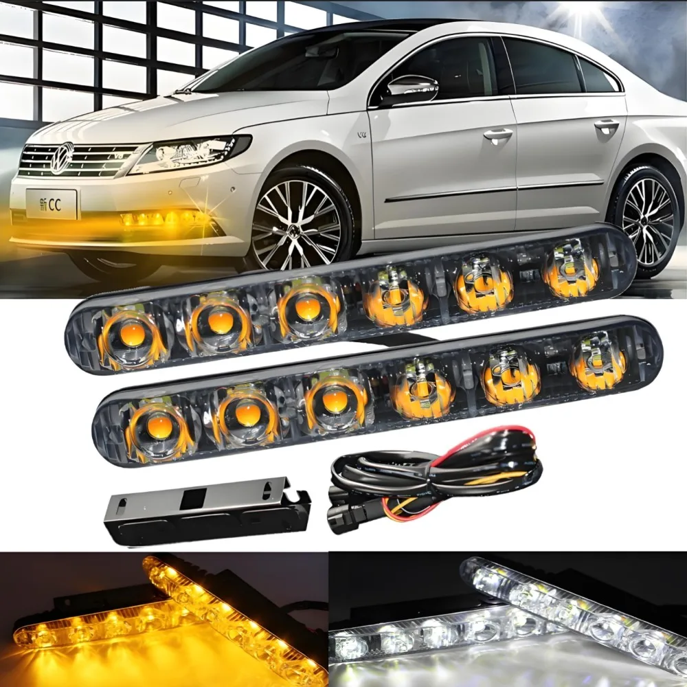 

2PCS DLRs Turn Flowing Light White/Amber 6 LEDs Auto Universal Turn Signal Light DC 12V.
