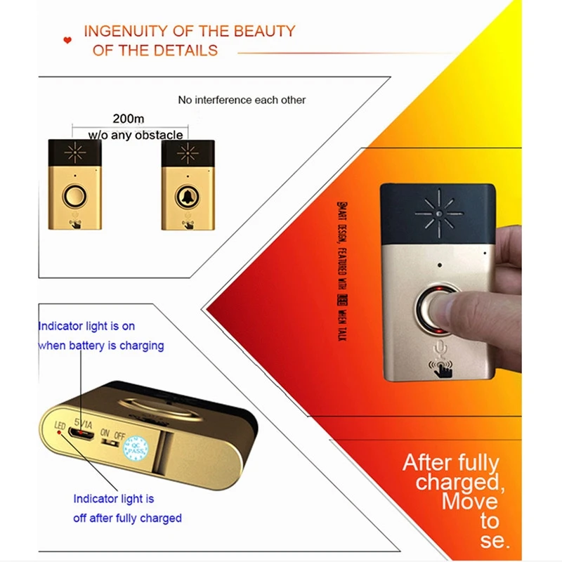 جرس باب ذكي للمكالمات مع صوت عالٍ، اتصال داخلي واضح 1 مع جرس باب إنتركوم صوتي لاسلكي واحد