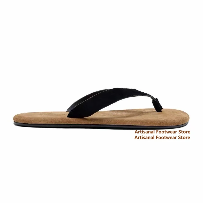 Vintage Cow Leather Flip Flops for Men Thin Strap Flat Sole Slip On Mules Sandals Luxury Beach Slides ﻿Trendy Men's Slippers