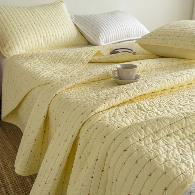 Korean Style Cotton Bedspread Plaid Double-sided Quilt Washed Padded Bed Cover 3pcs Set for All Seasons Embroidery Quilted Sheet