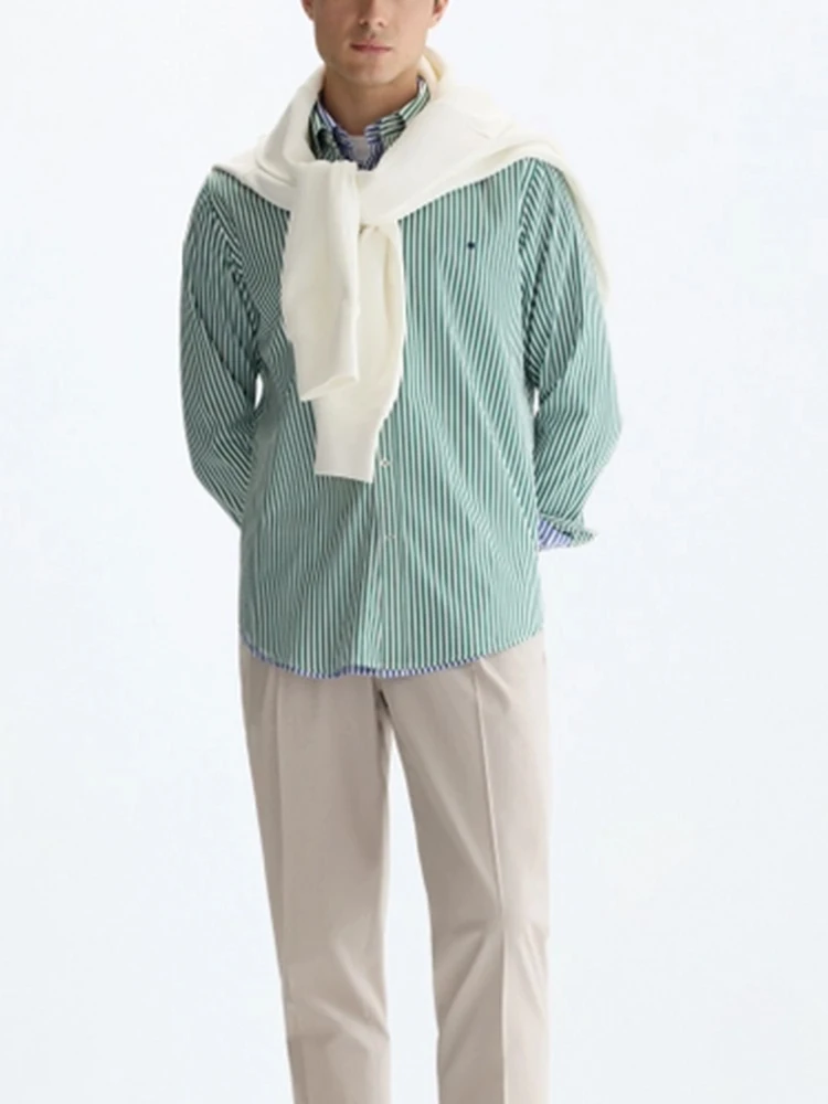 PG Men's Vertical Striped Button-Down Shirt, Regular Fit Long Sleeve Business Casual Cotton Dress Shirt for Work Office