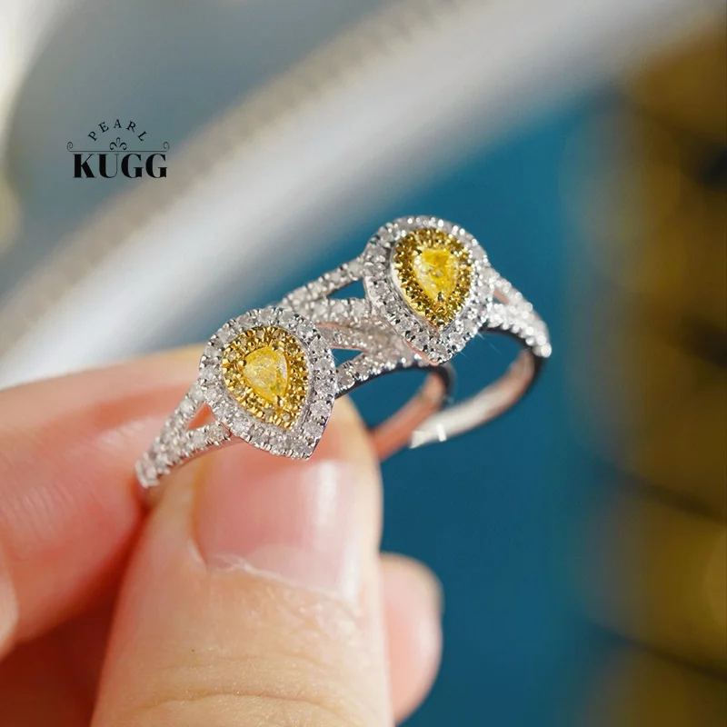 

KUGG 100% кольца из белого золота 18 карат, классическая форма капли воды, настоящий натуральный желтый бриллиант, обручальное кольцо, женские высокие свадебные украшения