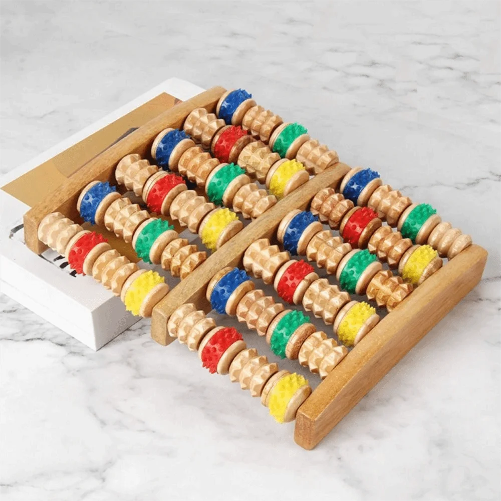 

6 Rows Feet Care Massager Wooden Stress Relief Foot Massage Wheel Roller-type Channels Collaterals Foot Massage Tools