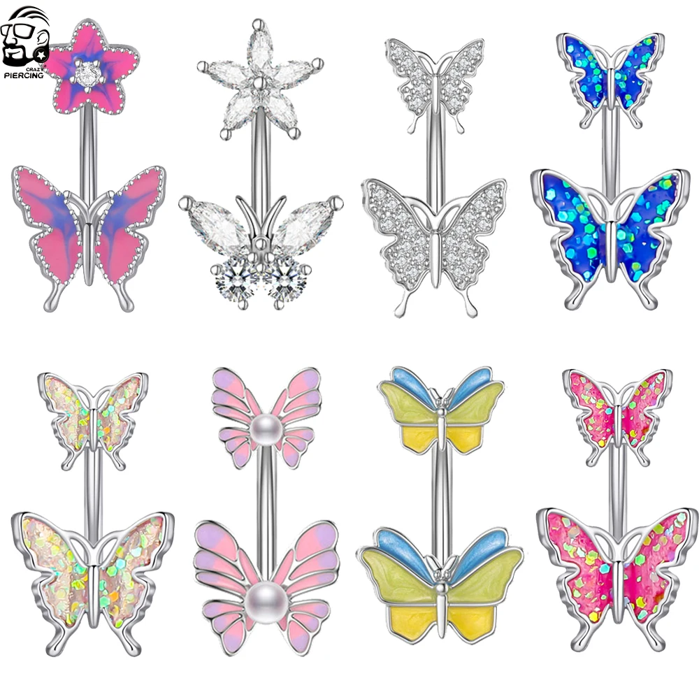 Cute Flower Butterfly Steel Navel Piercings Ombligo for Women Girls Shiny Crystal CZs Belly Button Rings Sexy Sunflower Piercing