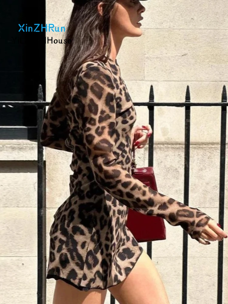 2024 SpringSummer New Women's Fashion Sexy Round Neck Long Sleeve Leopard Print Dress Women's High Waist Sexy Mini Tight Dress