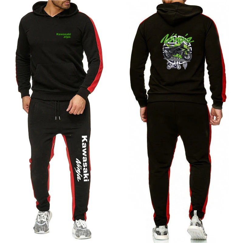 Spring Autumn Men Two-piece Set Motorcycle Kawasaki Logo Print Solid Color Lightweight Simple Daily Hoodies+Sports Pants Suits 7
