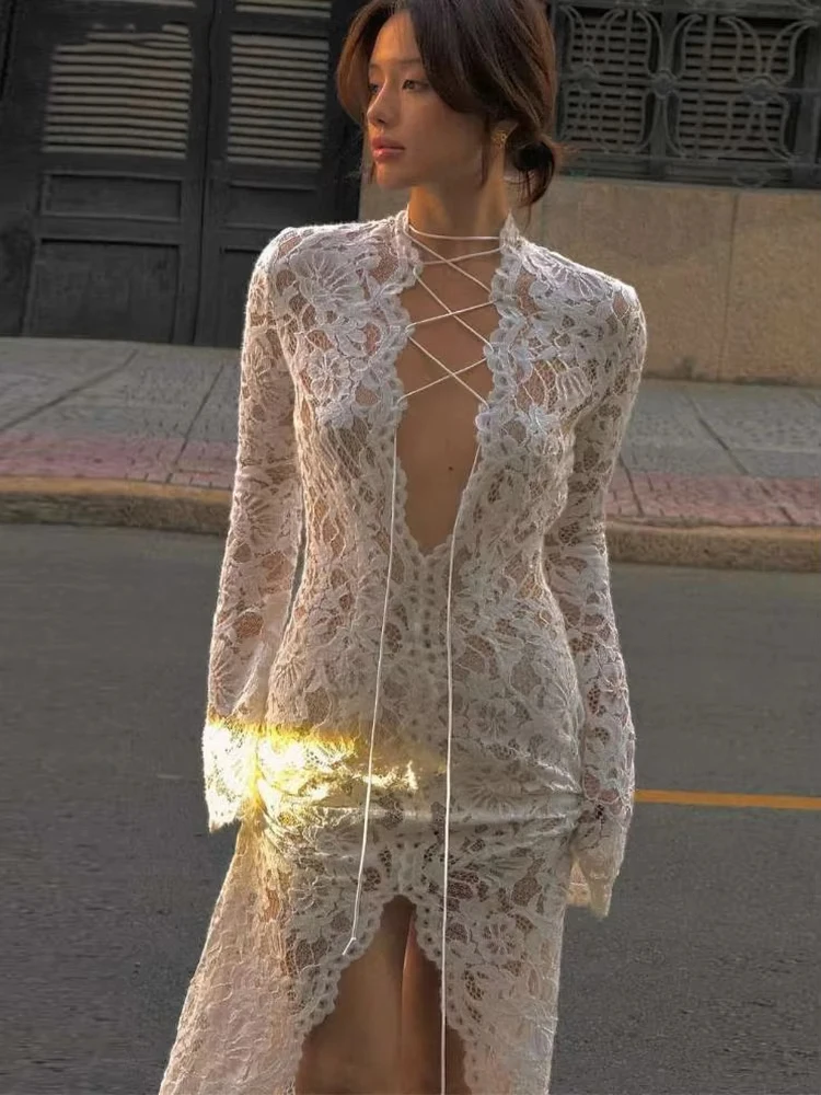 Sexy Kant Sheer Vrouwen Maxi Jurk Effen Mode Lange Mouw O-hals Bandage Schede Vestidos Vrouwelijke Prachtige Nachtelijke Gewaad