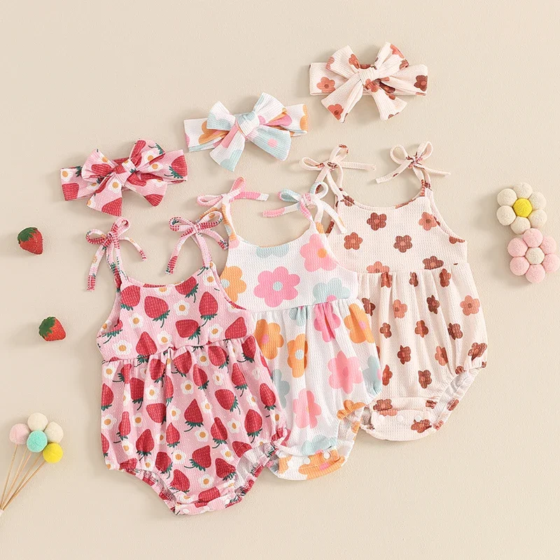 

Baby Girl Summer Kids Romper Cute Floral Strawberry Print Sleeveless Tie Strap Bodysuit Newborn Playsuit Children's Clothing