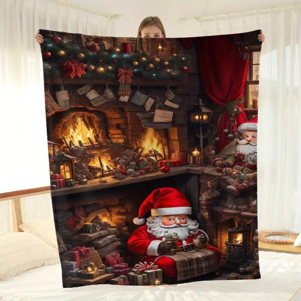 

«Уютное рождественское одеяло — праздничная сцена Санты с камином и подарками, идеально подходит для праздничного декора или подарка».