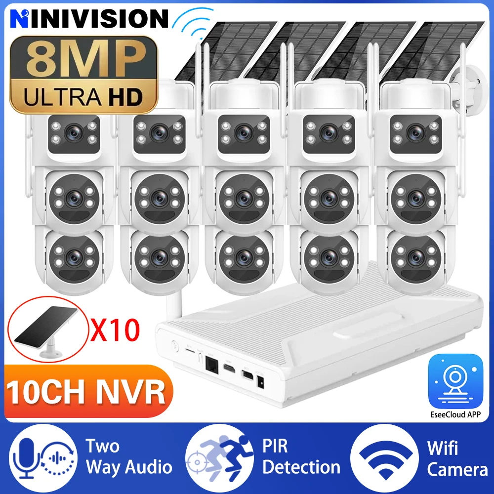 

4K 8MP двойной объектив солнечной PTZ беспроводная система видеонаблюдения 10CH NVR Wi-Fi аккумуляторная камера безопасности цветной комплект видеонаблюдения ночного видения