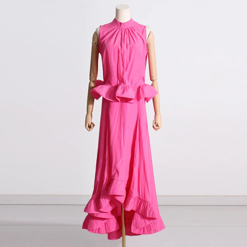 Summer 2023 new pleated stand collarless sleeveless top asymmetrical panels ruffled skirt two-piece set