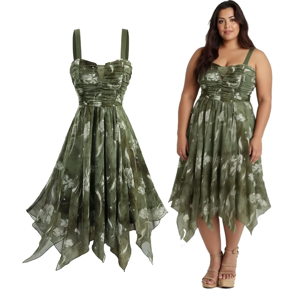 

ROSEGAL плюс размер тай-дай с цветочным принтом и рюшами асимметричное платье-майка летнее темно-зеленое повседневное платье без рукавов Vestidos