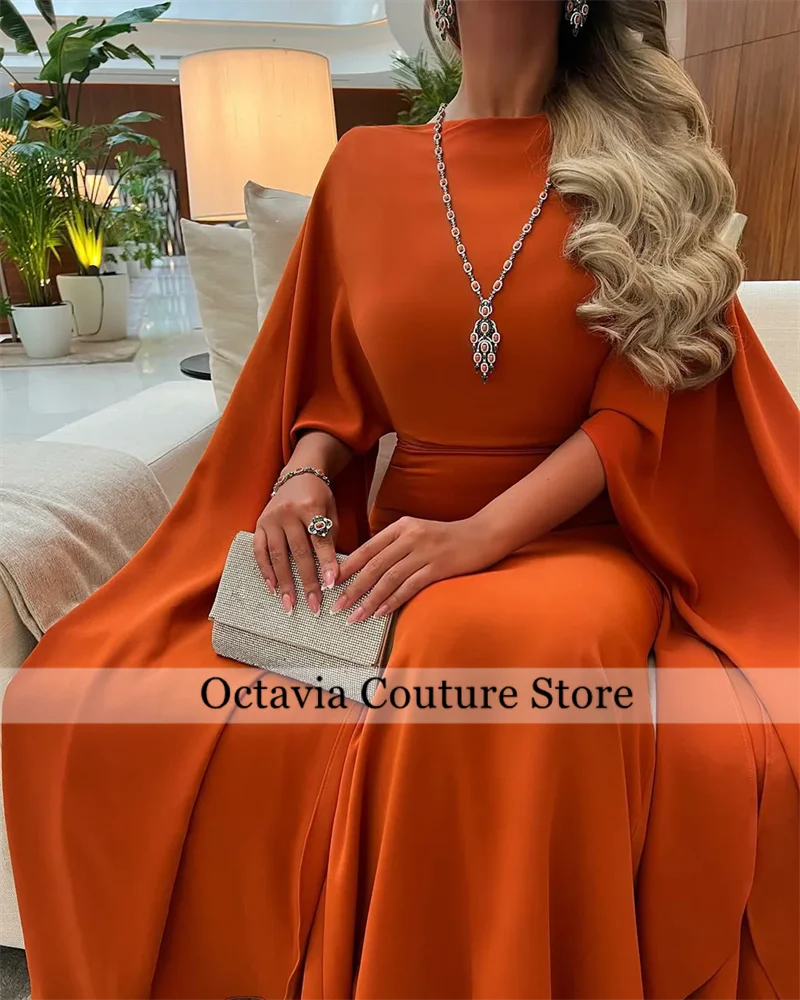 Customized Mermaid Orange Jersey Evening Dress Formal and Classic Crew Neck Flare Sleeves Homecoming Gowns for Saudi Arabia 2025