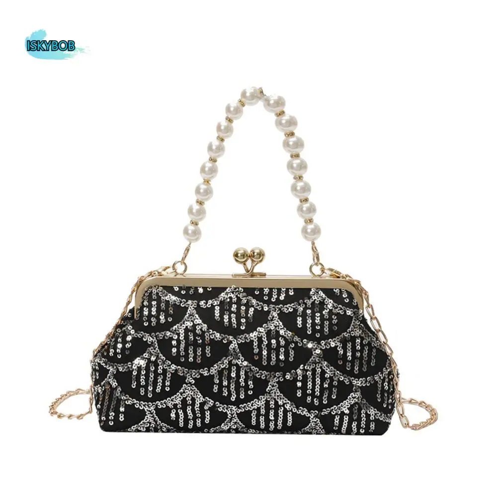 

Модная банкетная сумка с жемчугом и блестками, милый замок-поцелуй, клатч Hanfu на одно плечо с ручкой, женская сумка-ракушка, женская сумка