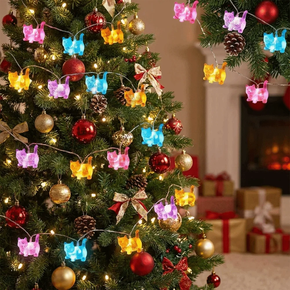 10/20pcs Lights Cat Shaped String Lights Battery Operated Cartoon Christmas Tree Decorative Lights Cute Kitten Decorative Light