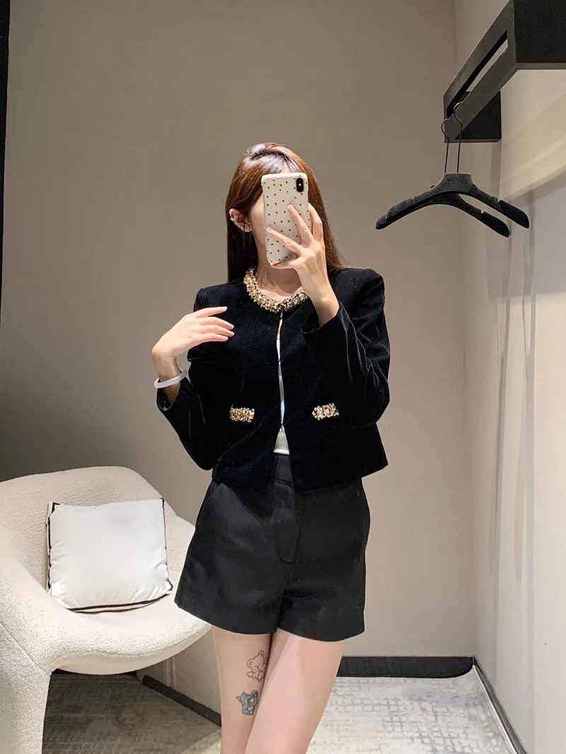 Women's Fashion Coat Spring and Autumn High Quality Women's Diamond Black Velvet Coat 2024 New Edition