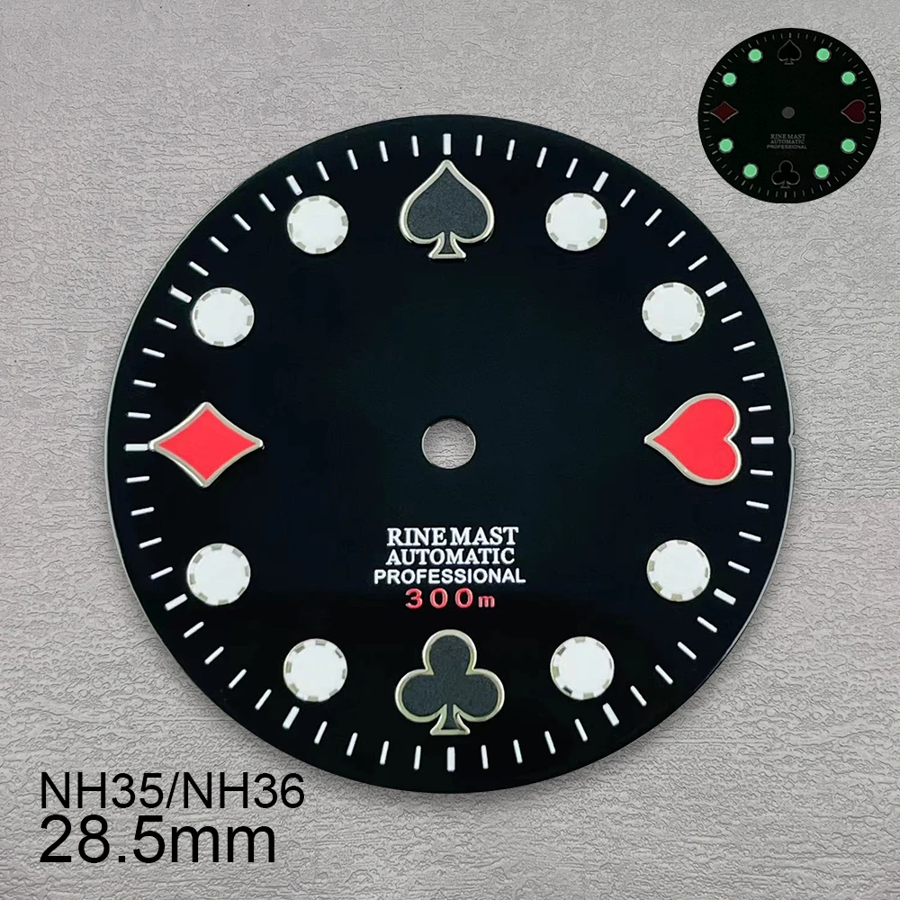 28.5mm S Logo Poker Dial Fit NH35/NH36/4R/7S Japanese Movement Green Luminous High-Quality Dial Watch Modification Accessories
