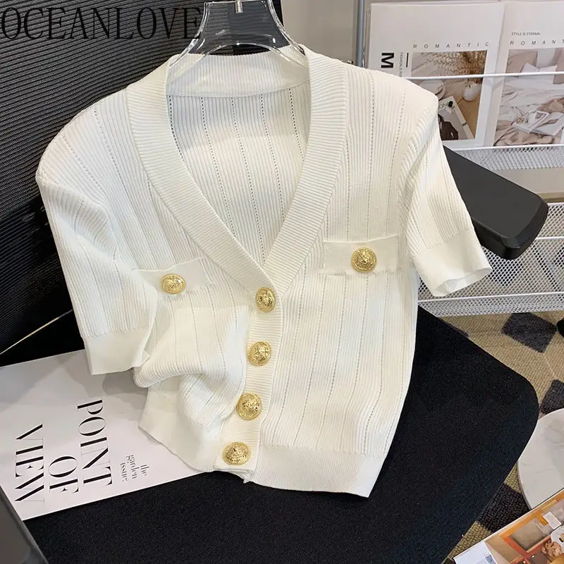 OCEANLOVE V Neck Short Cardigans Solid Korean Fashion Sweet Spring Summer Thin Sweaters Women Tops Elegant Chic Knitwears