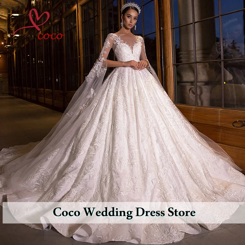 

Customized Luxury Ball Gown Scoop Neck Lace Wedding Dresses Floor Length Long Sleeves Bridal Gowns with Chapel Train Vestido