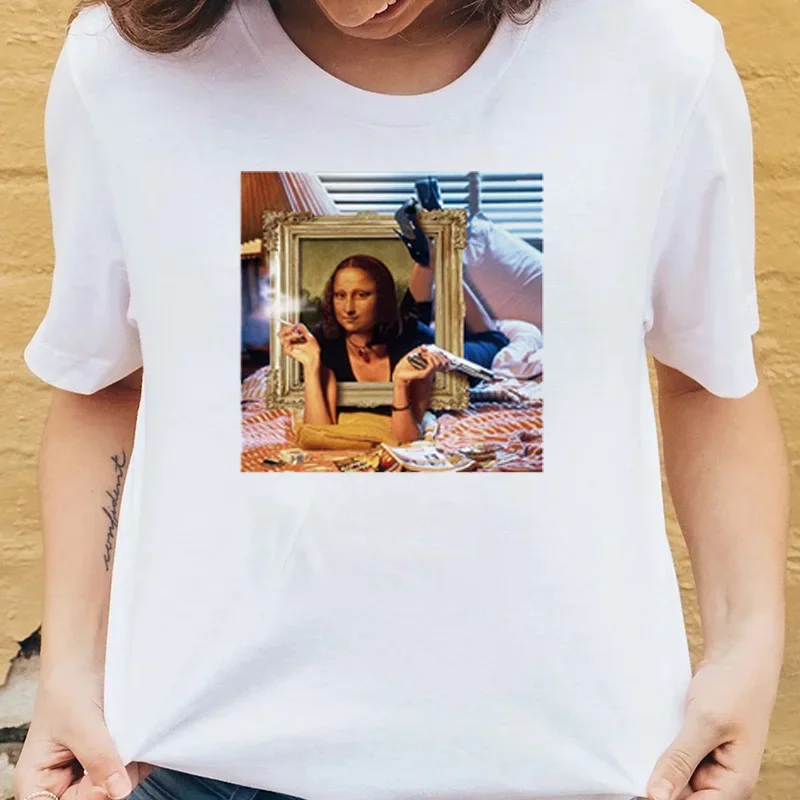 New Style Grunge Mona Lisa Graphic Printed Tops Hip-hop 100% Cotton Black White Female Tshirt Summer Fashion Casual Clothes