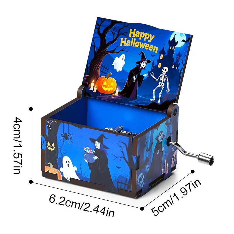 Halloween mini manivela caixa de música seis lados pintado caixa musical de madeira presente vintage para festa de férias decoração de casa