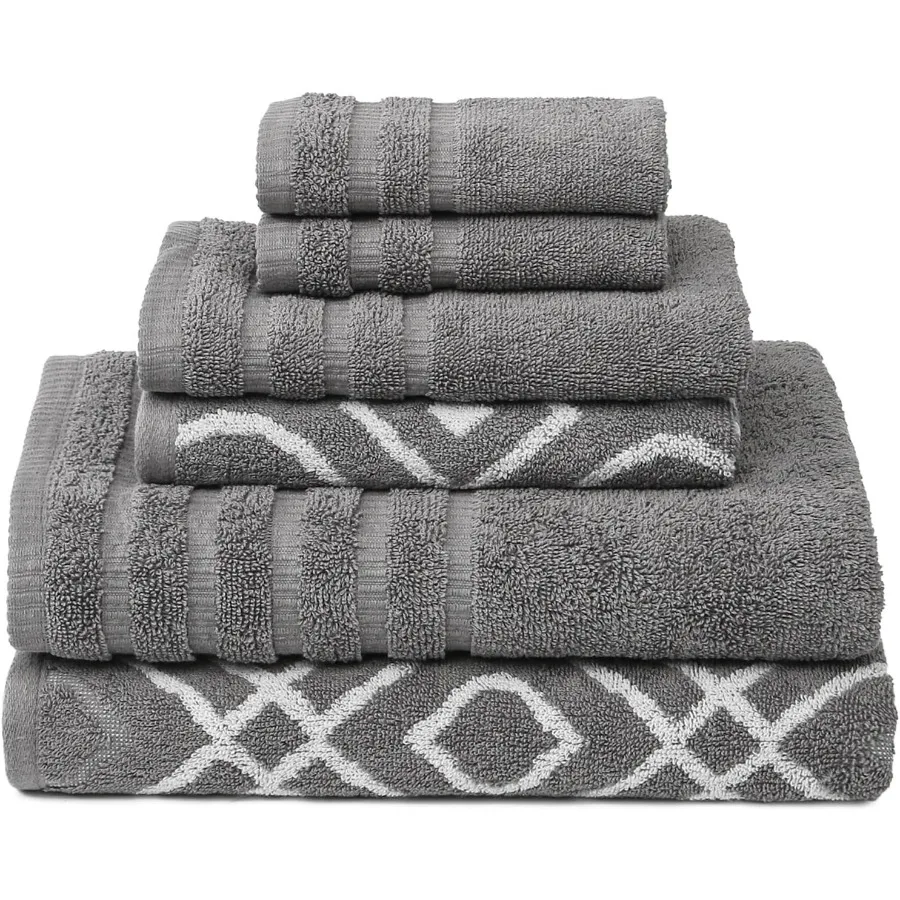 

6Piece 100 Cotton Towel Set for Bathroom Use YarnDyed Jacquard and Solid Design with 2 Bath Towels 2 Hand Towels and 2 Washclot